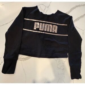 Puma Womens Cropped Sweatshirt Black Silver Metallic Logo Raw Neck Pullover